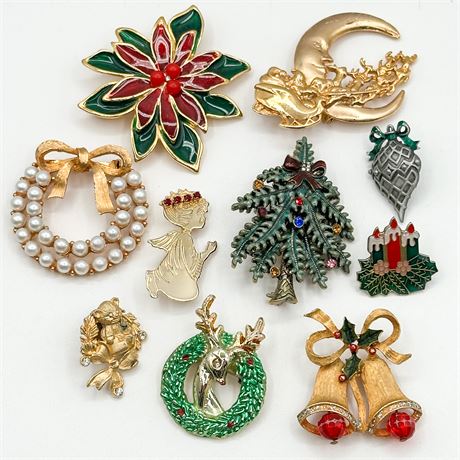 Lot of 9 Vintage Gold & Silver Tone Christmas Brooches
