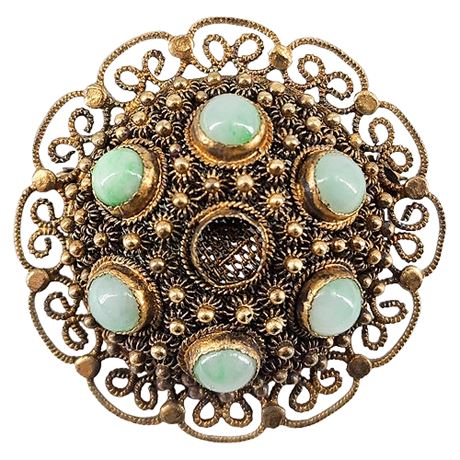 Vintage Gold Vermeil 800 Silver Thai Filigree Jade Dome Brooch
