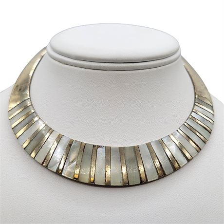 Vintage Brass & Inlaid Mother of Pearl Choker/Bib Necklace