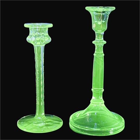 Two Vintage UV Reactive Crystal Candlestick Holders