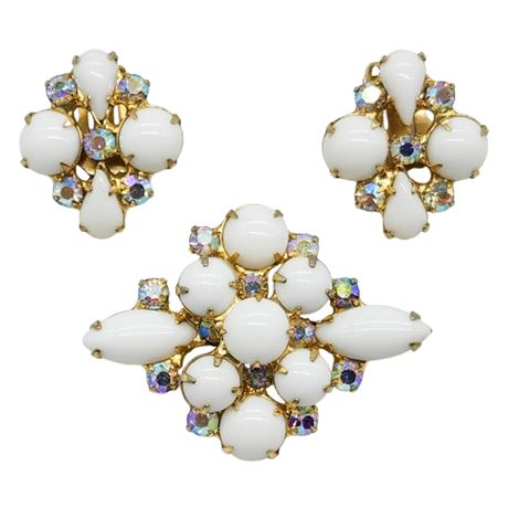 Vintage Aurora Borealis Rhinestone & Milks Glass Brooch & Clip Earrings Set
