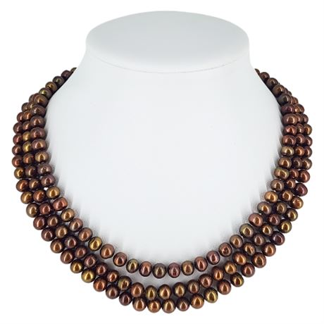 Triple Strand Brown Freshwater Pearl Necklace w/ Sterling Silver Clasp