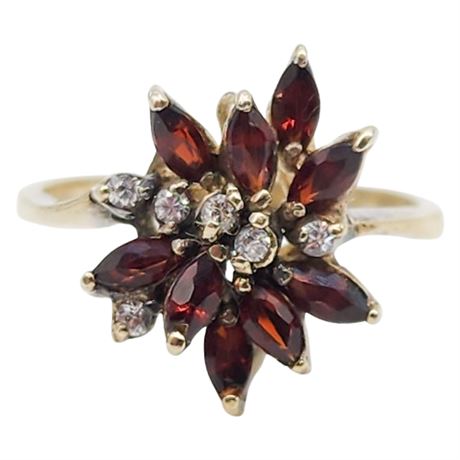 Vintage Gold Over Sterling Silver Garnet & CZ Flower Ring, Sz 6.5