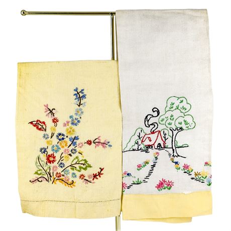Hand-Emroidered Antique Linen Floral Hand Towels