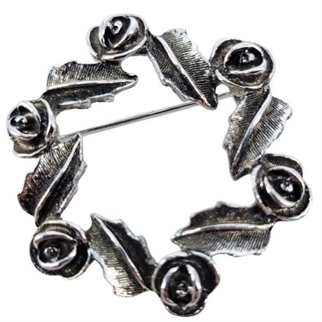 Vintage Silver Tone Rose Wreath Brooch