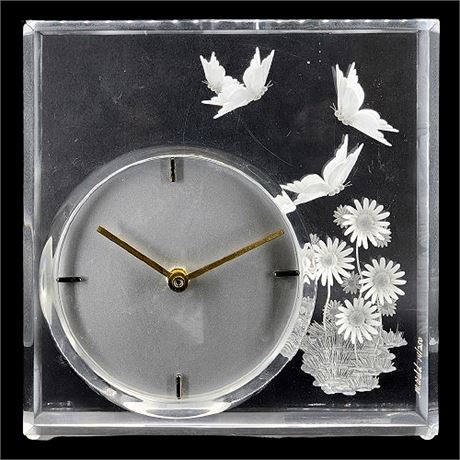 Signed/Numbered M. Wald Reverse Carved Lucite Table Clock