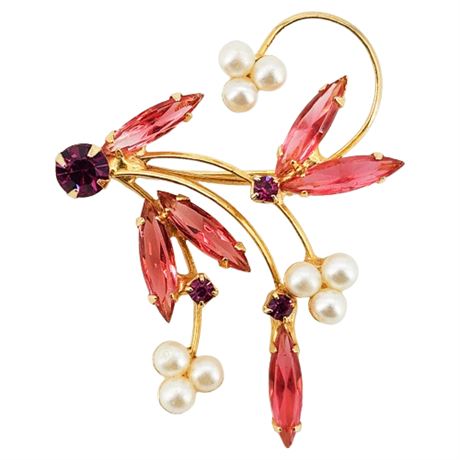 Vintage Pink Rhinestone & Faux Pearl Floral Spray Brooch