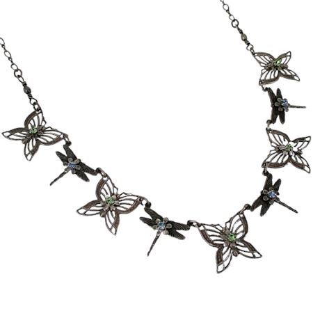 CLARA BEAU Pewter Tone Metal Butterfly & Dragonfly Necklace