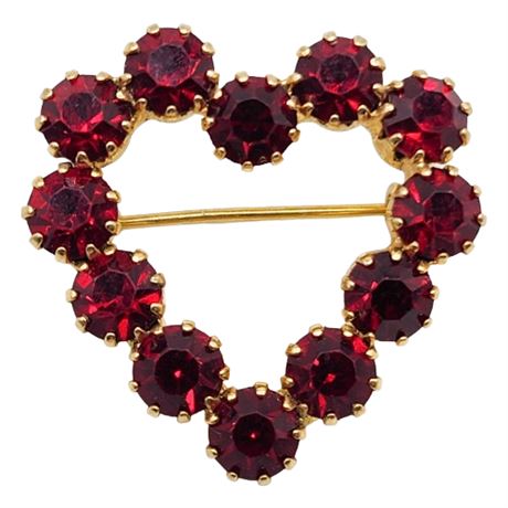 Vintage Deep Red Rhinestone Heart Brooch