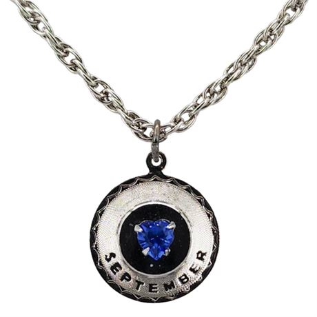 Vintage Sterling Silver September Faux Sapphire Heart Pendant Necklace