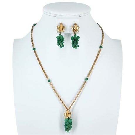 Unsigned Vintage Marvella Peking Glass Grapes Necklace & Clip Earrings Set