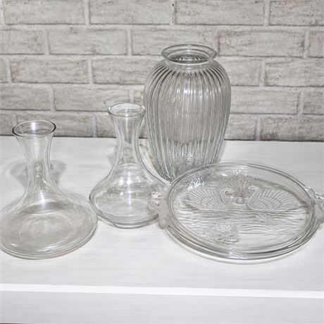 Glass Lot - 3 Vases with Swan Cake Plate