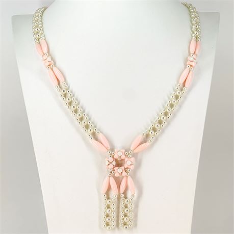 Vintage Faux Pearl & Pink Beaded Tassel Necklace