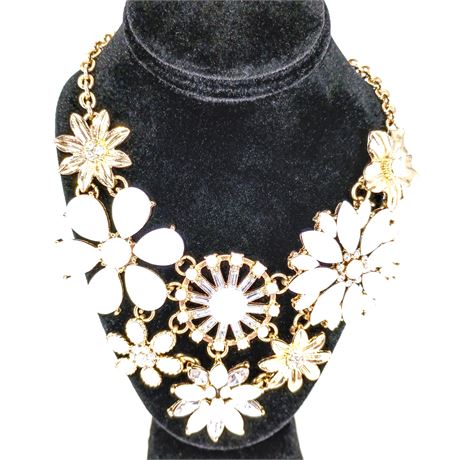 White & Gold-Tone Multi-Flower Statement Necklace