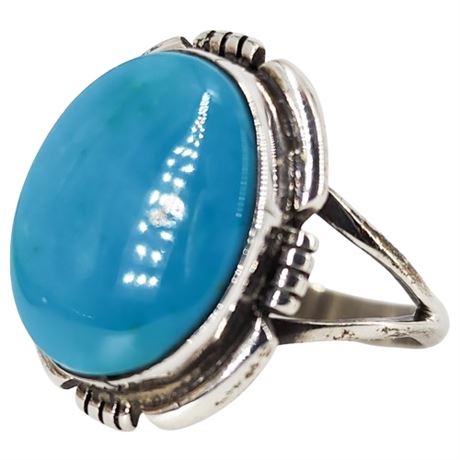 Signed KM Native American Sterling Silver Turquoise Ring, Sz 7