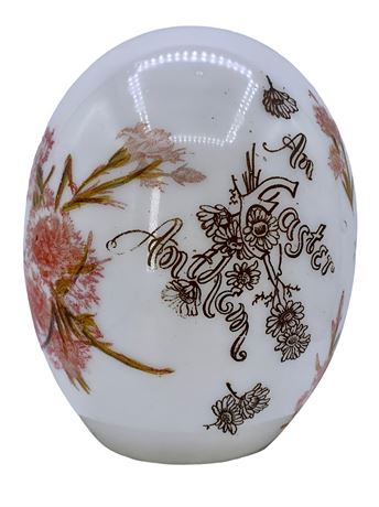 Large 6” Victorian era Hand Painted Pink Carnation Milk Glass Easter Egg