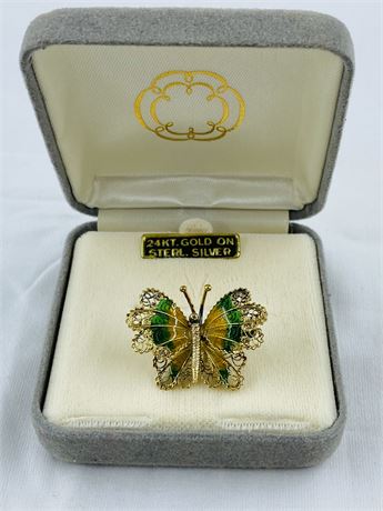 Vintage 24k Gold on Sterling Butterfly Pin w/ Enamel