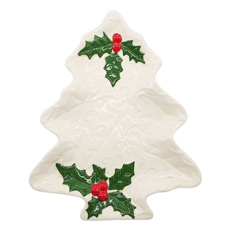 Vintage Handmade Ceramic Christmas Tree Holly Dish