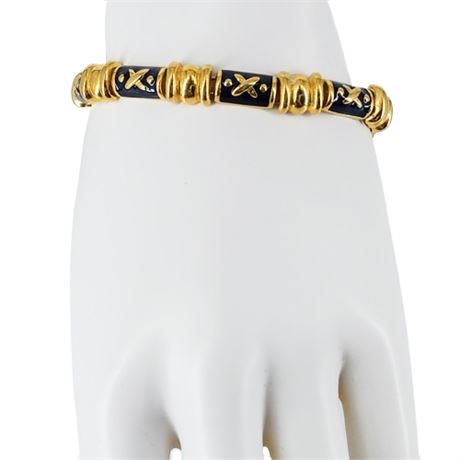 Signed Vintage JOAN RIVERS Gold Tone Blue Enamel X's Bracelet