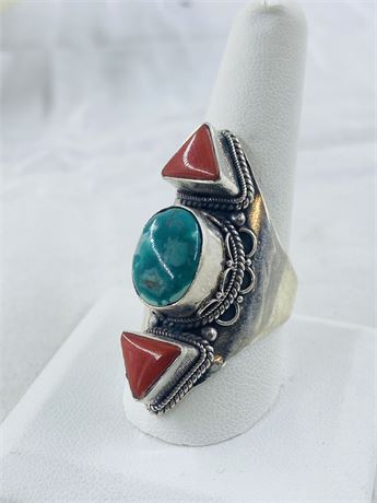 Chunky 24g Sterling Coral + Turquoise Ring Size 11
