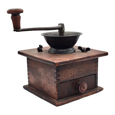 Antique Dovetail Wood & Cast Iron Crank Coffee Grinder