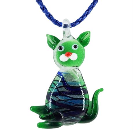 Vintage Lampwork Art Glass Cat Pendant Necklace