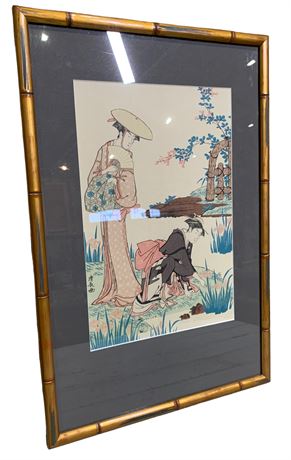 Japanese Mid Century Geisha Bamboo Framed Woodblock Print