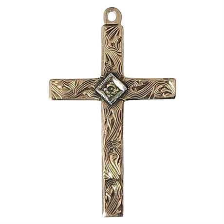 Vintage 10K Gold Etched Cross Pendant w/ Genuine Diamond