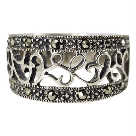 Signed MARSALA Sterling Silver Marcasite Ring, Sz 8