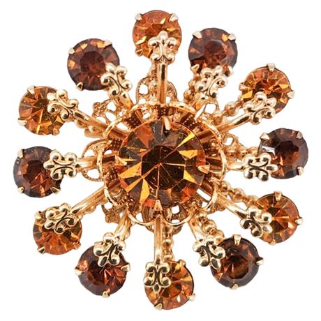 Vintage Prong Set Amber Rhinestone Flower Burst Brooch