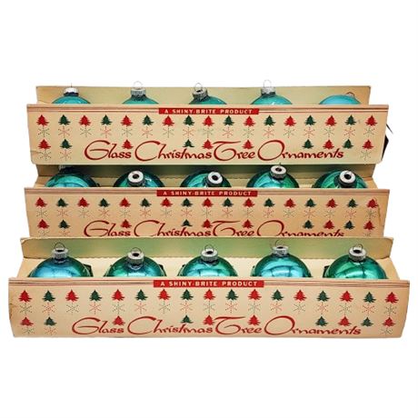 Vintage Shiny Brite Teal Glass Bulb Ornaments in Original Boxes