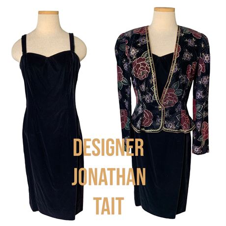 1980s Designer Jonathan Tate Golden Glass Bead Rose Velvet Jacket & Dress