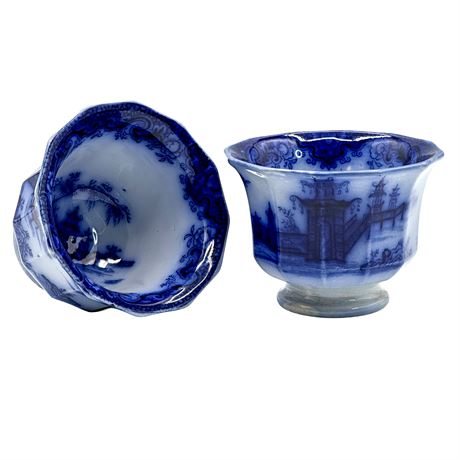 Pair of Antique Ironstone Blue Flow Handleless Teacups