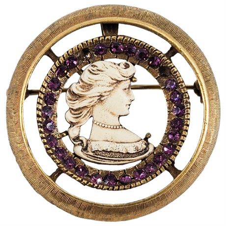Vintage Rhinestone & Celluloid Cameo Circle Brooch