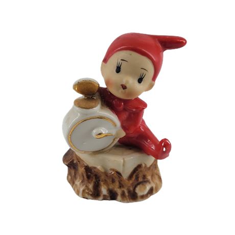 Mini Pixie Red Elf Playing Drums on Tree Stump Figure