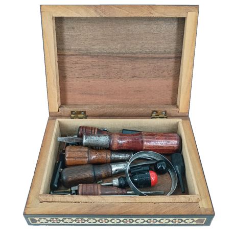 Vintage Inlaid Wooden Box with Vintage Craftsmanship Tool Set