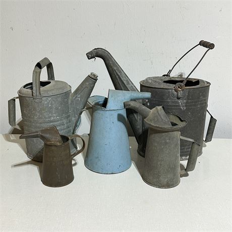 Lot of Vintage Galvanized Steel Watering Cans and Oil Cans