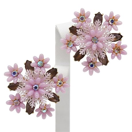 Vintage CORO Large Lavender Flowers & Rhinestones Clip Earrings