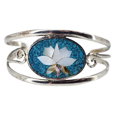 Vintage Crushed Turquoise Mother of Pearl Flower Inlay Cuff Bracelet