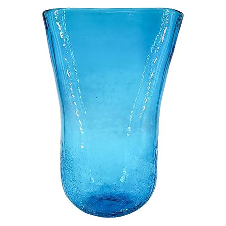 Hand Blown Aqua Blue Blenko Style Crackle Base Bag Vase