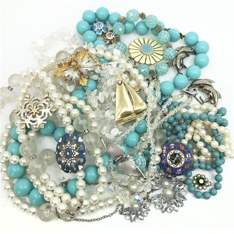 Vintage Jewelry Lot- Aqua Beaded, Sterling Enamel Brooch, AB Necklace, Hong Kong