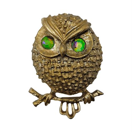 Vintage 70s SARAH COVENTRY Hooter Owl Brooch w/ Uranium Glass Eyes