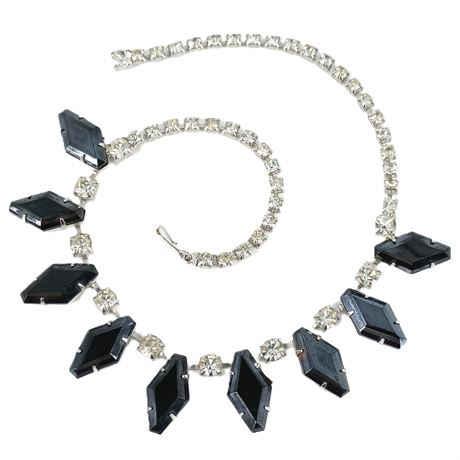 Vintage Rhinestone Necklace with Black Detail Drops, Art Deco Geometric Style