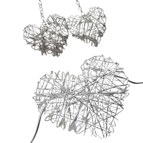 925 ITALY IBB Wire Wrap Heart Pendant Necklace and Dangle Earrings
