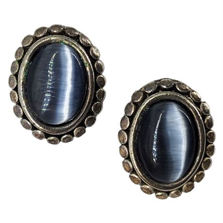 Vintage Silver Tone Gray Glass Cat Eye Earrings