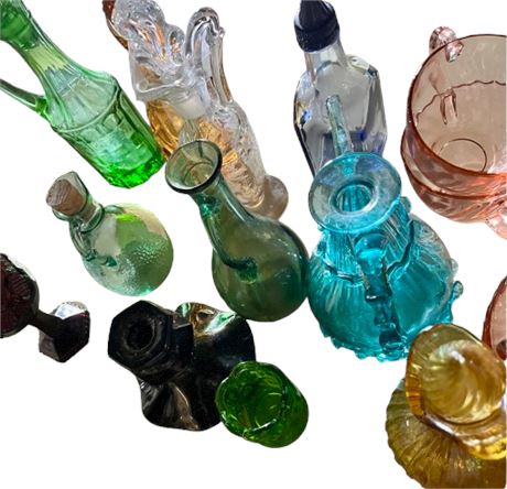 Collectible depression and colored glass shelf lot
