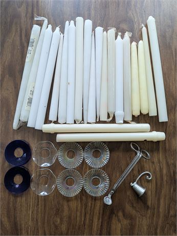 Lot Candlesticks + Candle Scissors + Glass Drip Guards