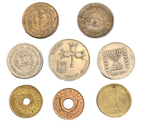 8 Vintage International Coins: Egypt, Turkey, Israel, Jordan, Africa