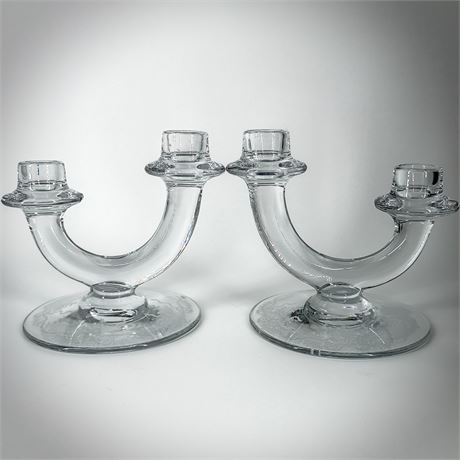 Pair of Elegant Clear Glass Double Candleholders – Modern Arch Design