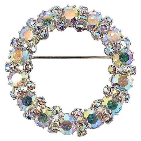 Vtg WEISS Prong Set Aurora Borealis Rhinestone Circle Brooch